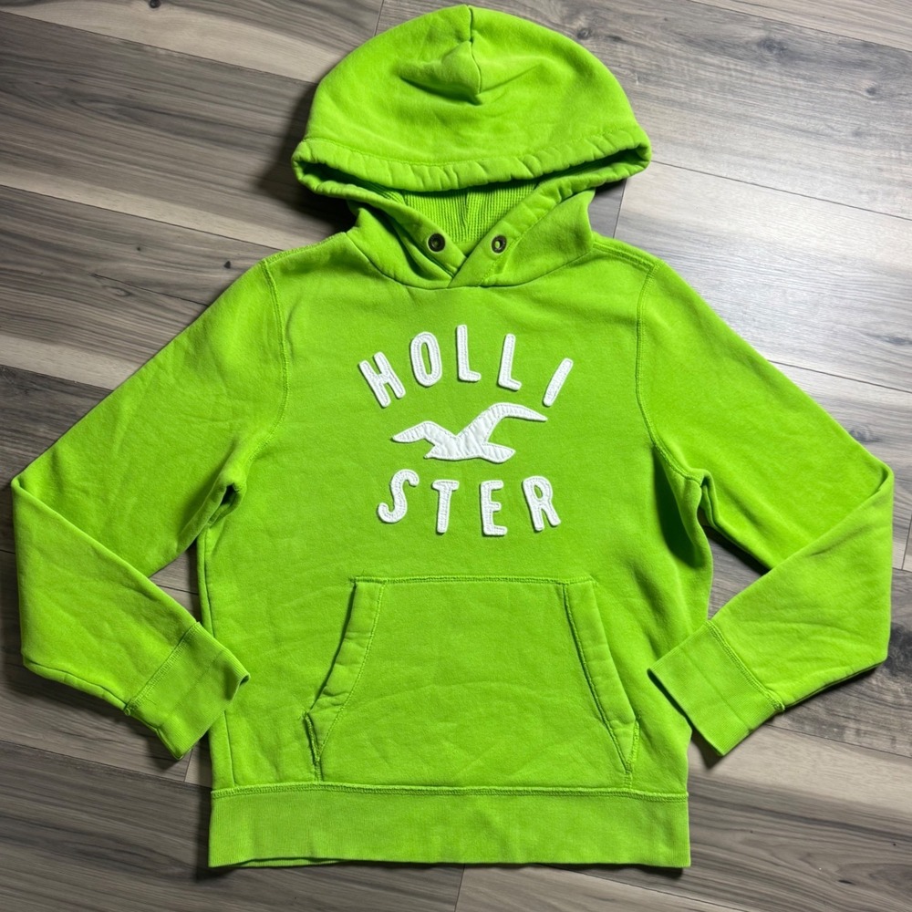 Hollister Mens Lime Green Logo Applique Pullover Hoodie Sweatshirt Size M